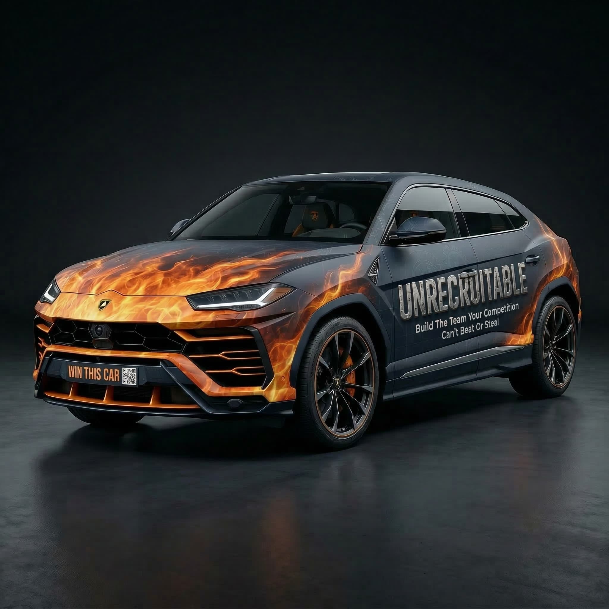 Lamborghini Urus with UNRECRUITABLE custom wrap featuring flame graphics